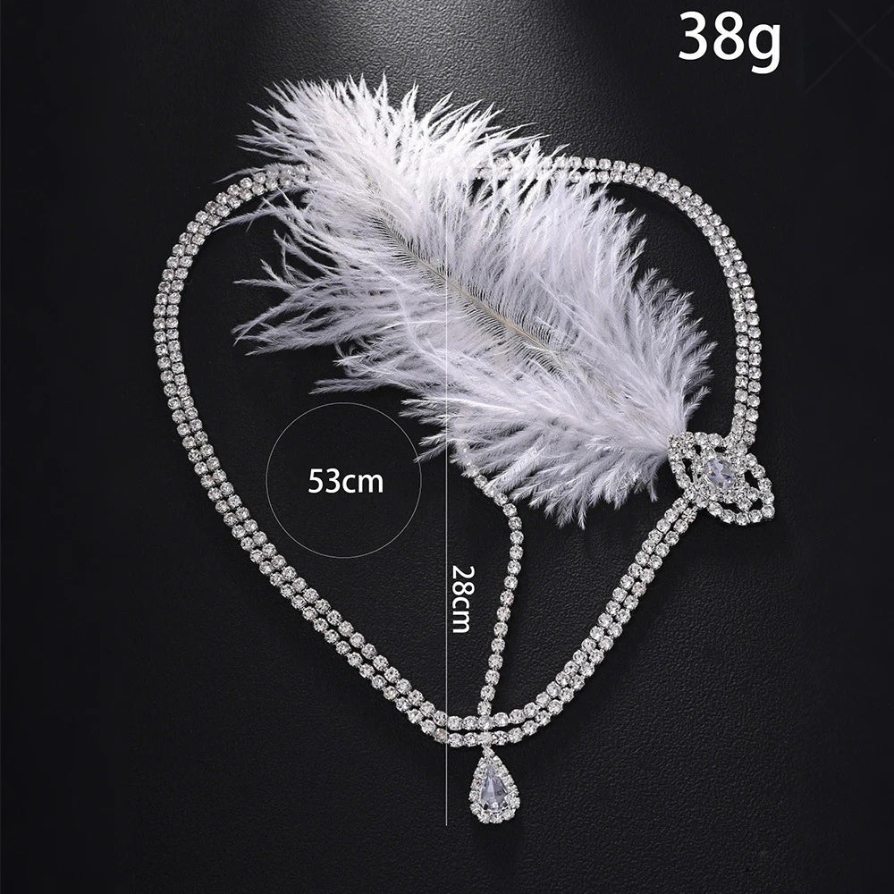 Vintage 1920s White Feather Headband Gatsby Women Hair Accessories Ethnic Design Rhinestone Head Chain Flapper Prom Jewelry Gift