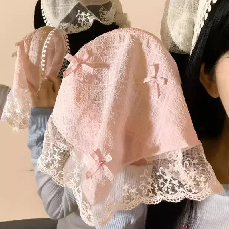 Korean Lace Bow Hair Scarf Women Retro Triangle Hair Band Hair Bag Headscarf Girl Hat Travel Photo Headband Turban Accessories
