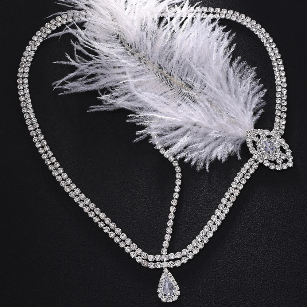 Vintage 1920s White Feather Headband Gatsby Women Hair Accessories Ethnic Design Rhinestone Head Chain Flapper Prom Jewelry Gift