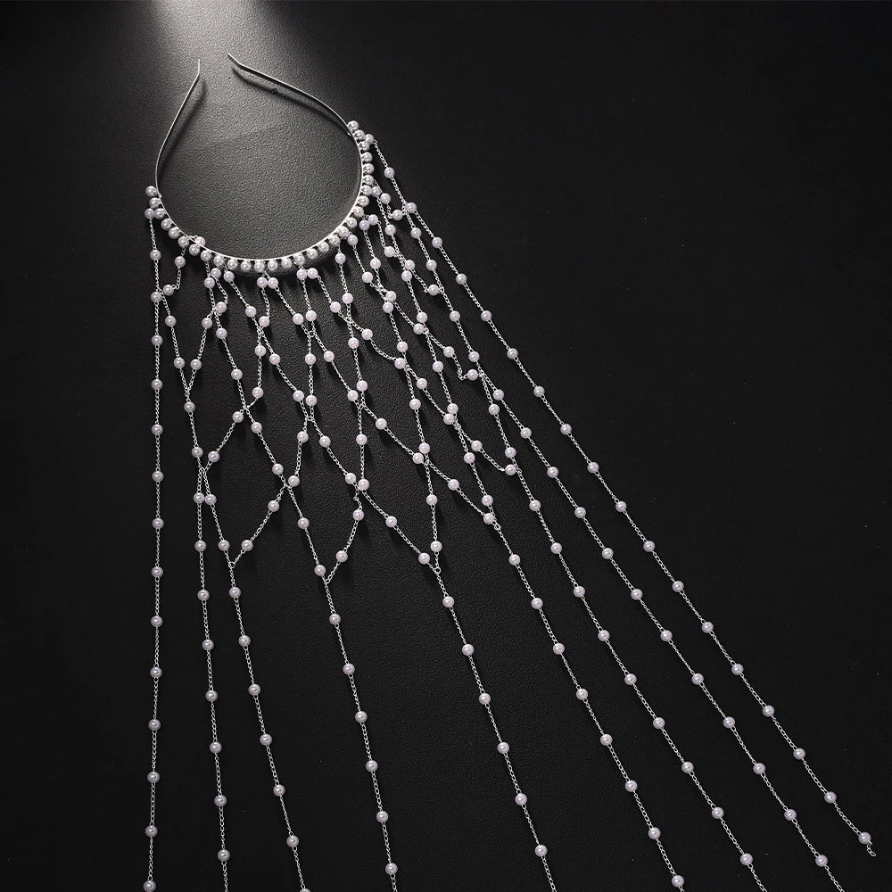 Fashion Imitation Pearl Tassel Headpiece Tiara Women Wig Jewelry 2025 Hollow Mesh Bridal Hair Chain Headband Wedding Accessories