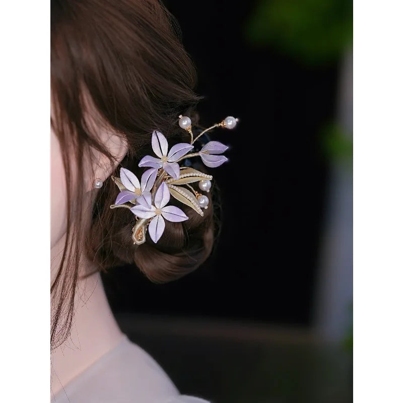 Lavender Floral Wrapped Flower Hair Clip Chinese Elegant Fairy Side Bun Updo Hair Accessory for Women Handmade Daily Wear Gift