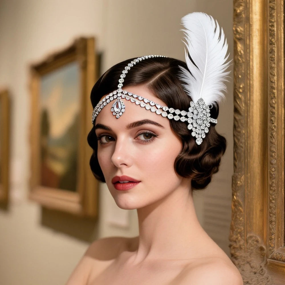 Vintage 1920s White Feather Headband Gatsby Women Hair Accessories Ethnic Design Rhinestone Head Chain Flapper Prom Jewelry Gift
