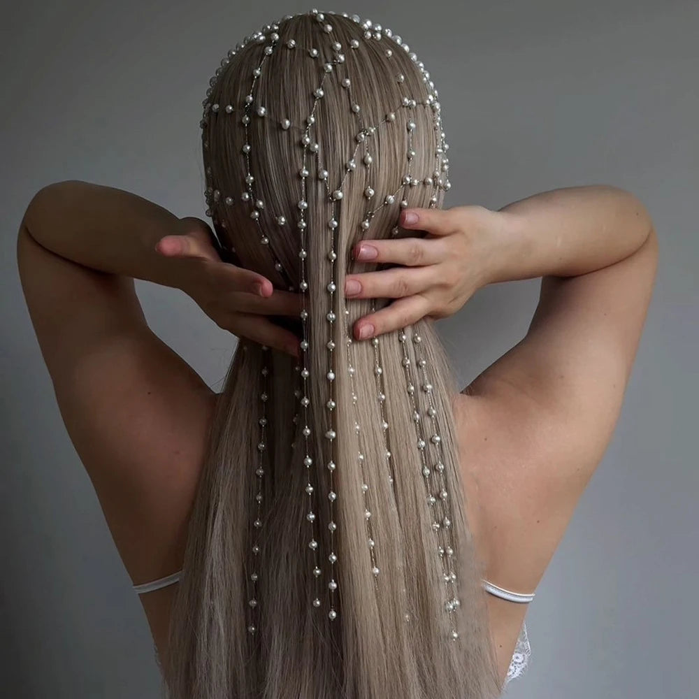 Fashion Imitation Pearl Tassel Headpiece Tiara Women Wig Jewelry 2025 Hollow Mesh Bridal Hair Chain Headband Wedding Accessories