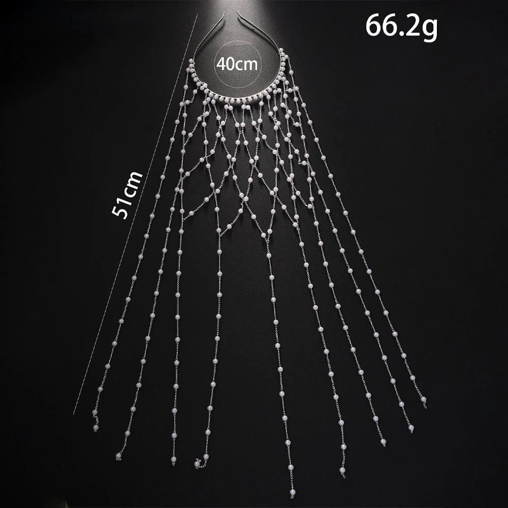 Fashion Imitation Pearl Tassel Headpiece Tiara Women Wig Jewelry 2025 Hollow Mesh Bridal Hair Chain Headband Wedding Accessories