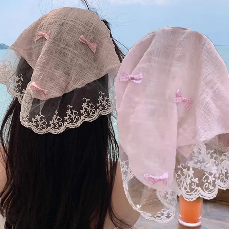 Korean Lace Bow Hair Scarf Women Retro Triangle Hair Band Hair Bag Headscarf Girl Hat Travel Photo Headband Turban Accessories